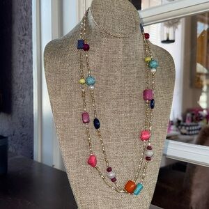 Chico's beaded necklace all glass gold toned long adjustable